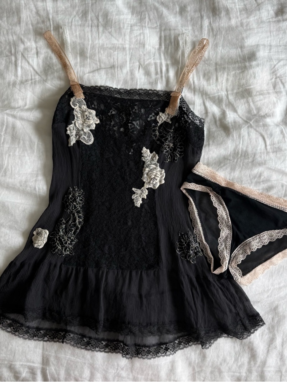 vintage black silk babydoll set w/white floral lace